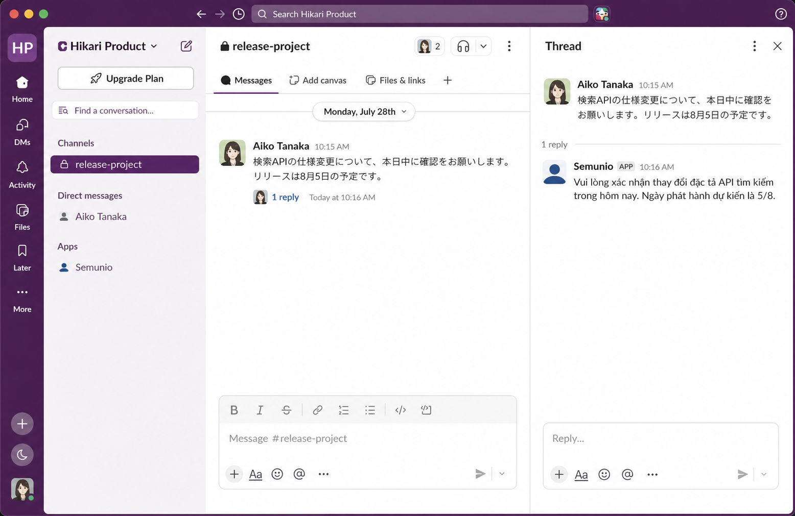 Semunio trả lời bằng bản dịch tiếng Việt trong một Slack thread
